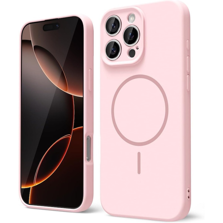Husa Telefon din Silicon Roz, Compatibila cu MagSafe si iPhone 16 Pro, Rezistenta la Socuri, Prietenos cu Pielea, Margini Ridicate pentru Protectia Ecranului si Camerelor, Suprafata Anti-amprenta, Instalare Usoara Fara Scratch