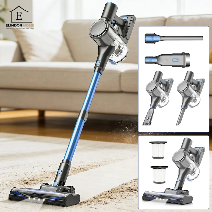 Aspirator fără fir, Elindor, 450W, 40KPa, filtrare HEPA, negru, recipient 1.5 L, Albastru