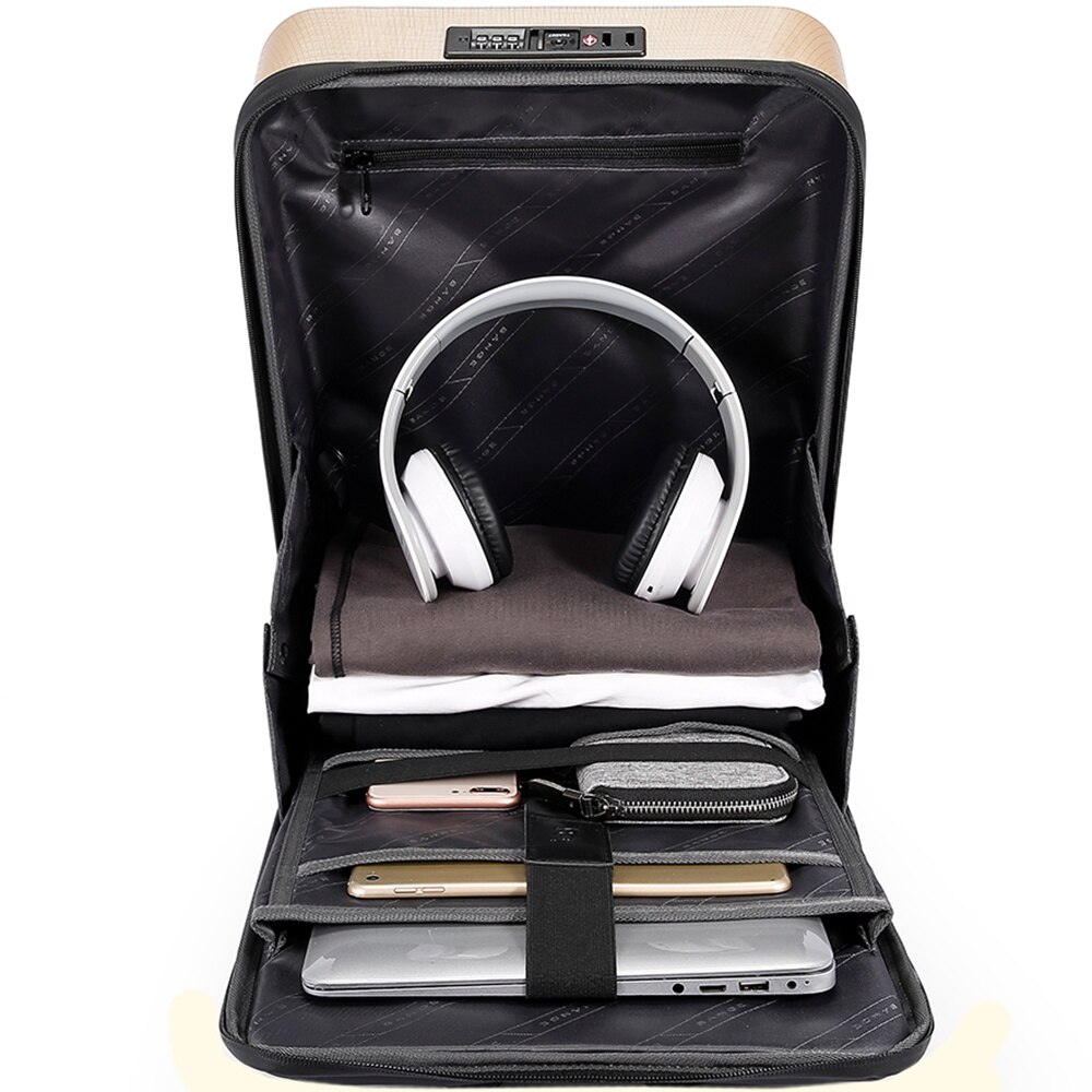 Rucsac laptop 15.6 inch, carcasa tare, resistent la apa, buzunar antifurt, port USB, si USB-C, lacat TSA, sistem fixare pe valiza, potrivit pentru calatorii BANGE, BG2839GD, Auriu