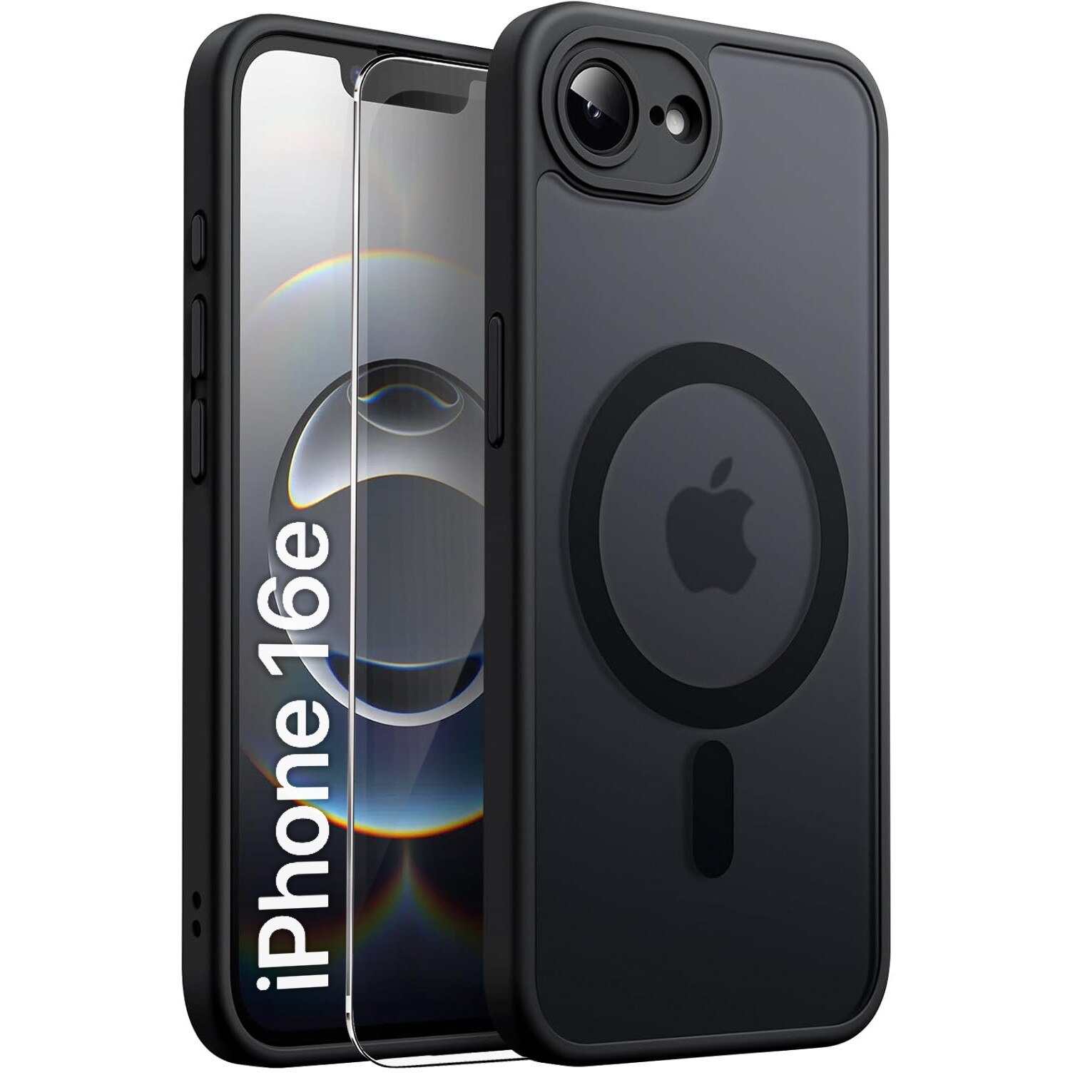 Husa telefon ERBORD pentru iPhone 16E, MagSafe, neagra + folie de protectie pentru ecran din sticla