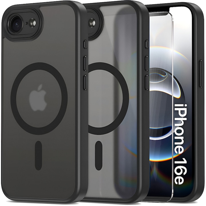 Husa telefon ERBORD pentru iPhone 16E, MagSafe, neagra + folie de protectie pentru ecran din sticla