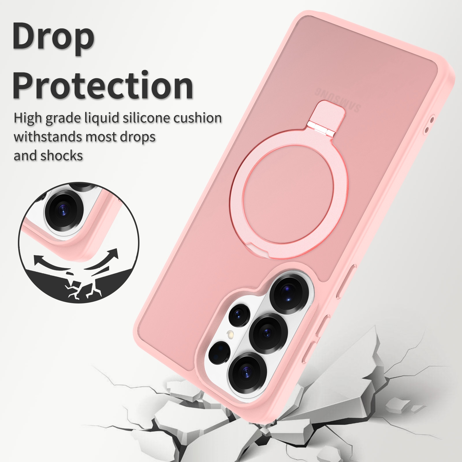 Husă de protecție pentru Samsung Galaxy S26 Ultra, inel magnetic ajustabil, margini ridicate, anti-soc, semitransparent, roz deschis