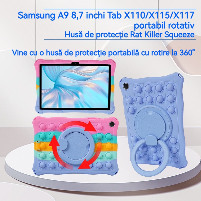 Husa tableta pentru Samsung A9, Husa de protectie pentru tableta, Fudisenn®, compatibila cu Samsung A9, Tab X110/X115/X117 de 8,7 inchi, rezistenta la socuri, la cadere, decompresie,, cu curea de umar, stylus, silicon, albastru