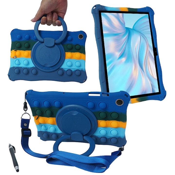 Husa tableta pentru Samsung A9, Husa de protectie pentru tableta, Fudisenn®, compatibila cu Samsung A9, Tab X110/X115/X117 de 8,7 inchi, rezistenta la socuri, la cadere, decompresie,, cu curea de umar, stylus, silicon, albastru