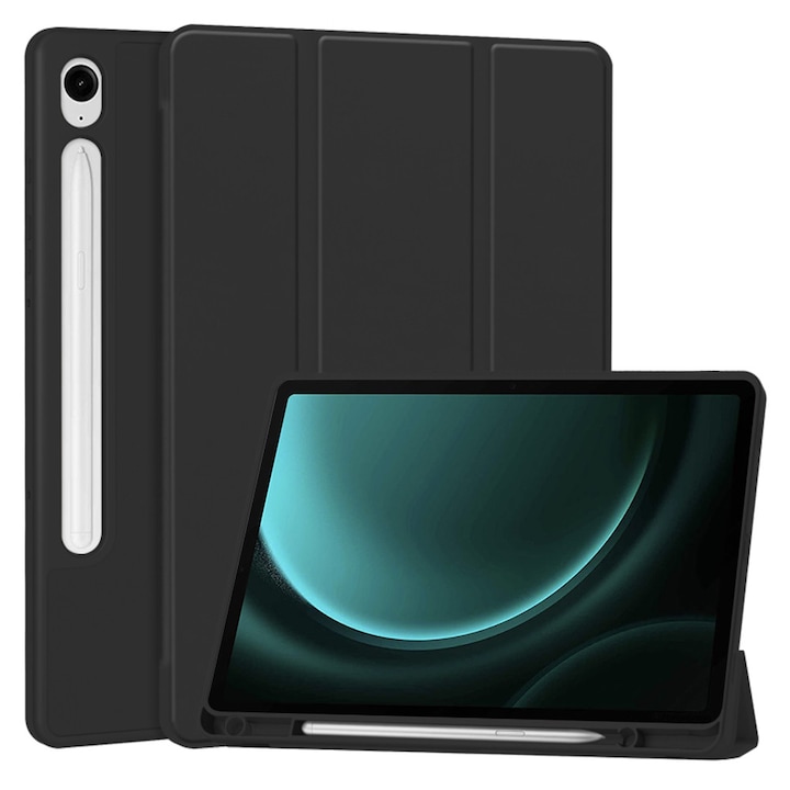 Husa pentru Samsung Galaxy Tab S9, S9 FE, S10 FE usoara si subtire cu functie wake-up/sleep si compartiment pentru stylus tip stand - negru