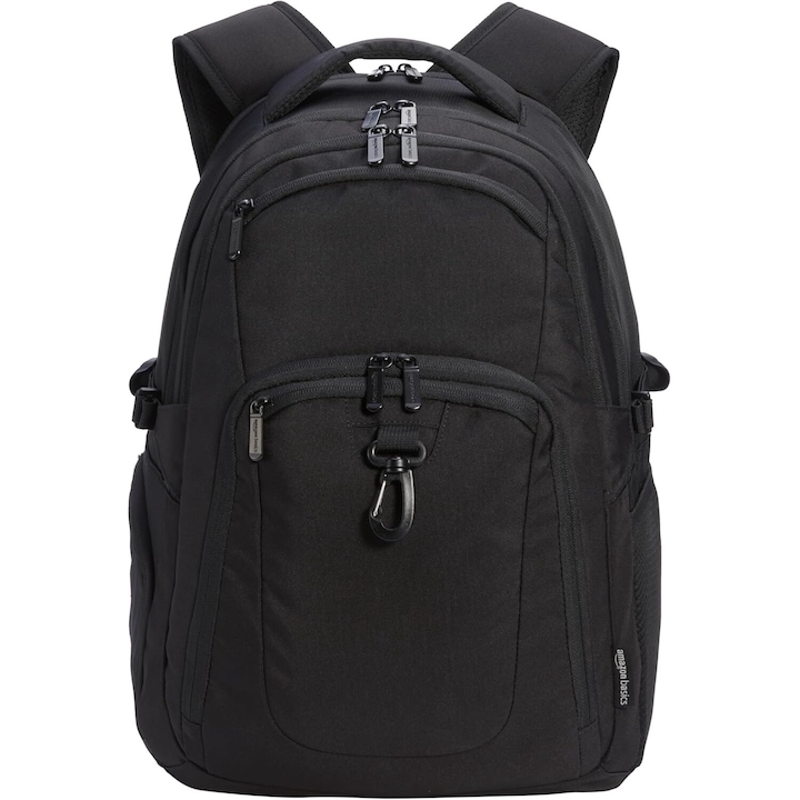 Rucsac pentru Laptop Amazon Basics, pentru laptopuri pana la 17 inch, poliester, rezistent la apa, Negru