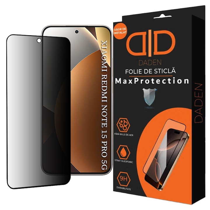 Folie Sticla Privacy pentru Xiaomi Redmi Note 15 Pro 5G Daden MaxProtection, Full Cover, Protectie Profesionala, Ultra Rezistenta, Calitate Premium