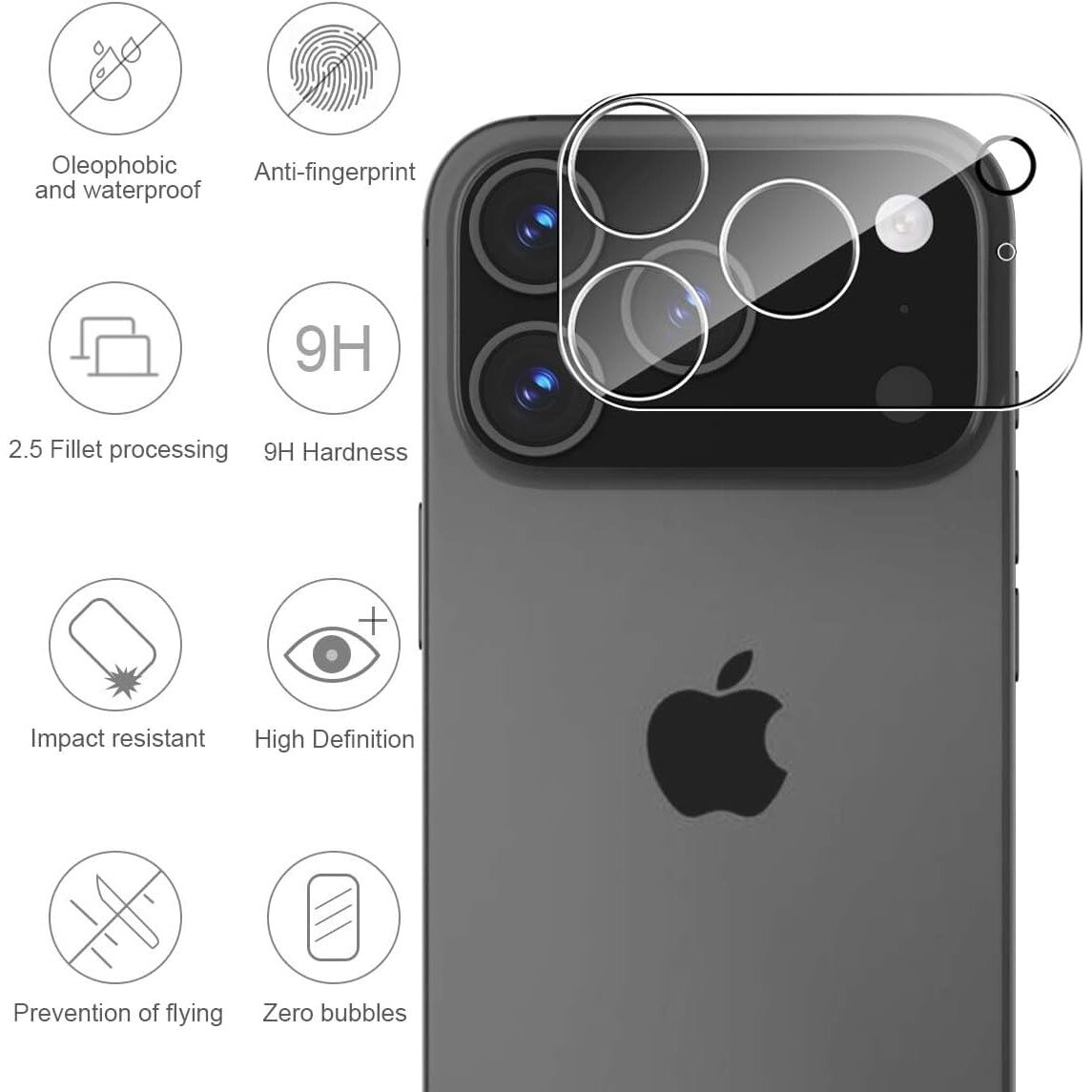 Protector de lentila pentru camera pentru iPhone 17 Pro, sticla securizata 9H, antizgarieturi, compatibil cu carcasa, nu afecteaza fotografiile nocturne, HD Clear, MDUG®, pachet de 2, transparent