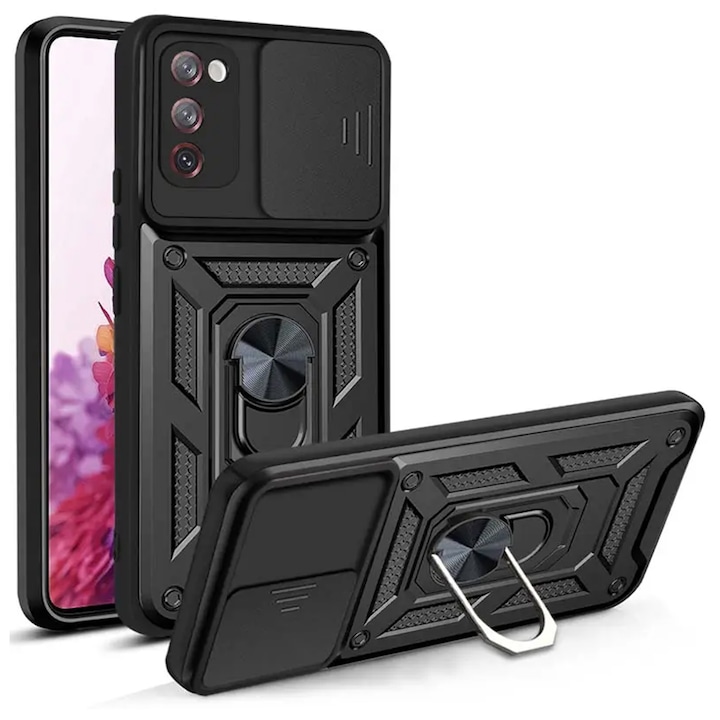 Husa telefon compatibila cu Samsung Galaxy S20 FE / S20 FE 5G, protectie camera Slide and Snap Soft Premium, Magnetic Ring Holder, PopGrip, Anti-Shock, Rugged Protection, Negru