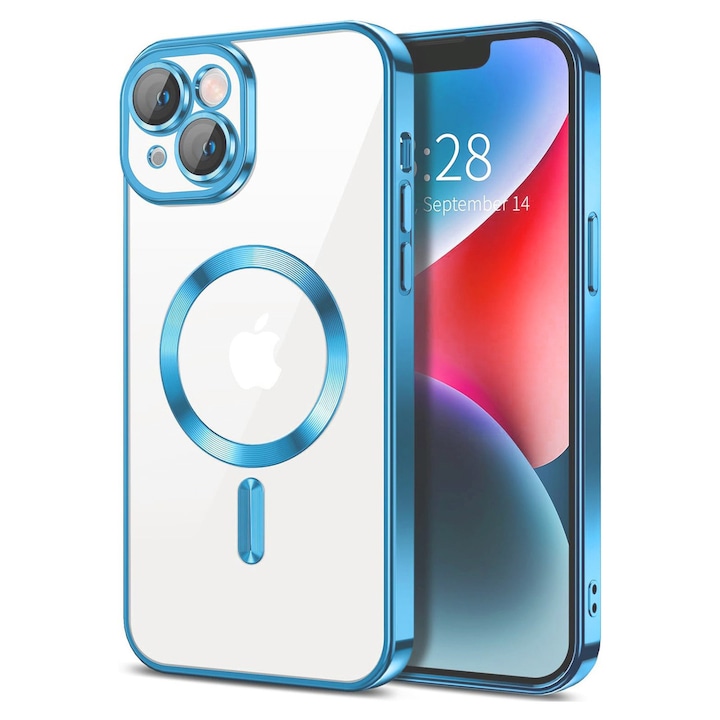 Husa Luxury tip MagSafe compatibila cu iPhone 14, Full protection, Margini colorate, Sierra Blue