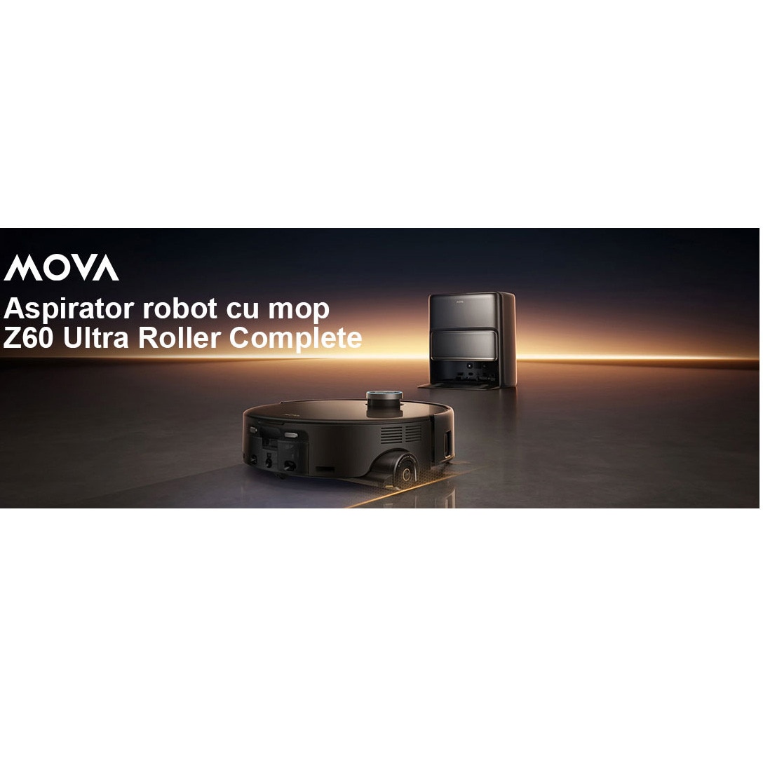 Robot aspirator si mop MOVA Z60 Ultra Roller Complete, 28.000Pa, auto-curatare, DuoBrush anti-incurcare, statie inteligenta, Negru