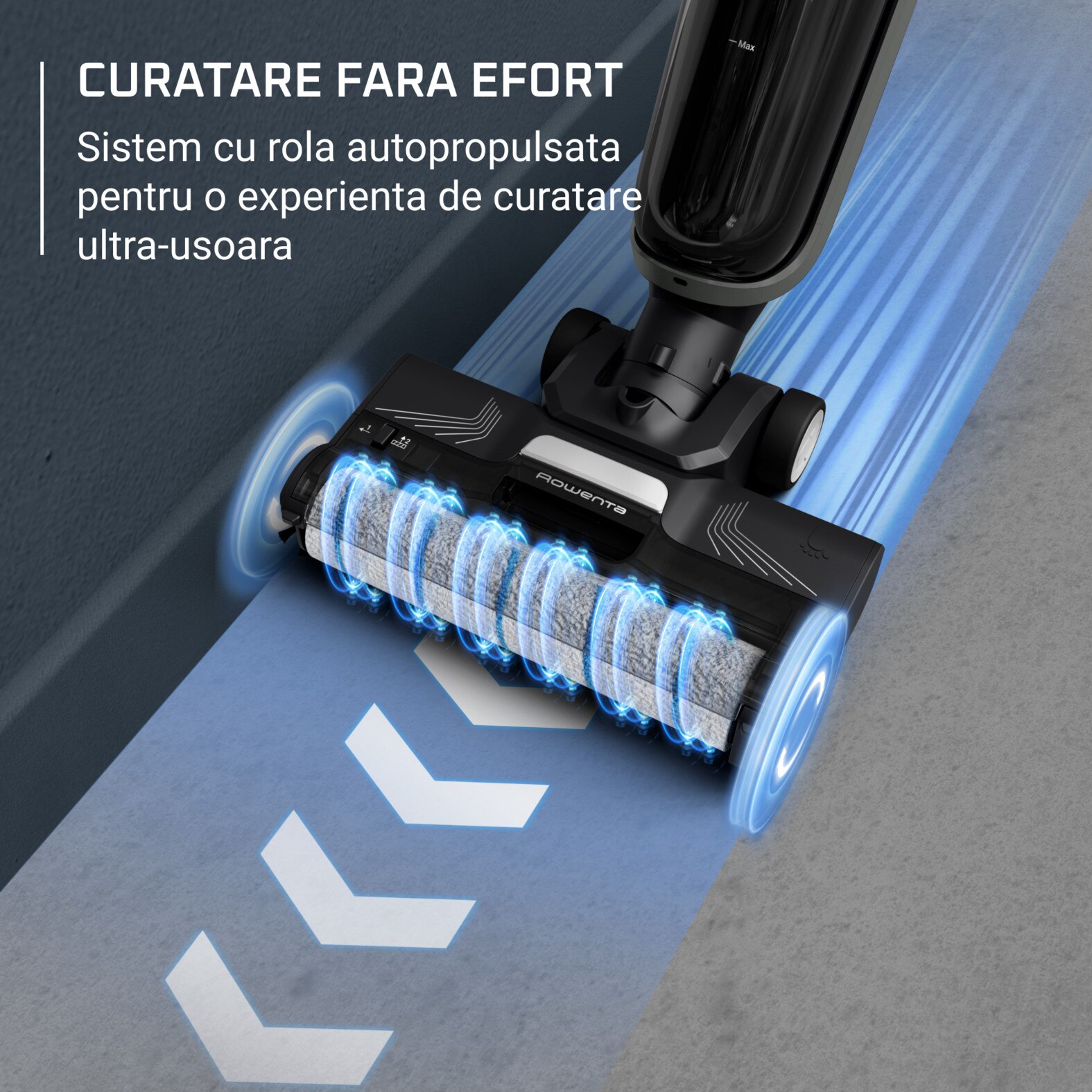 Aspirator vertical cu spalare Rowenta X-Clean 4 GZ5035WO, 200W, 425 RPM, Autonomie 50 minute, Baza de incarcare, Compatibil cu detergentii, Functie autocuratare, Gri/Negru