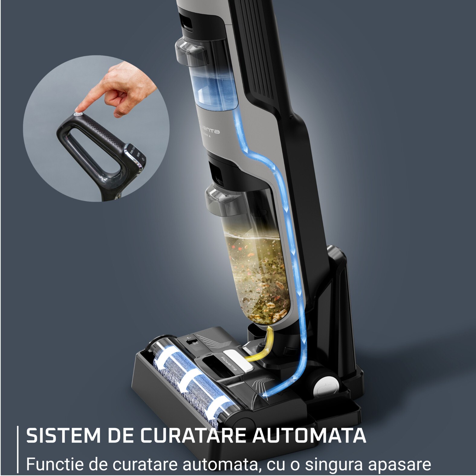 Aspirator vertical cu spalare Rowenta X-Clean 4 GZ5035WO, 200W, 425 RPM, Autonomie 50 minute, Baza de incarcare, Compatibil cu detergentii, Functie autocuratare, Gri/Negru