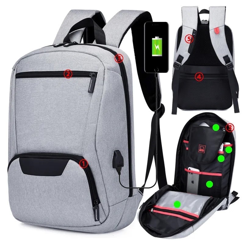 Rucsac laptop 15.6" smart casual impermeabil, cu port USB, Escalate, 46x30x10 cm, Gri deschis