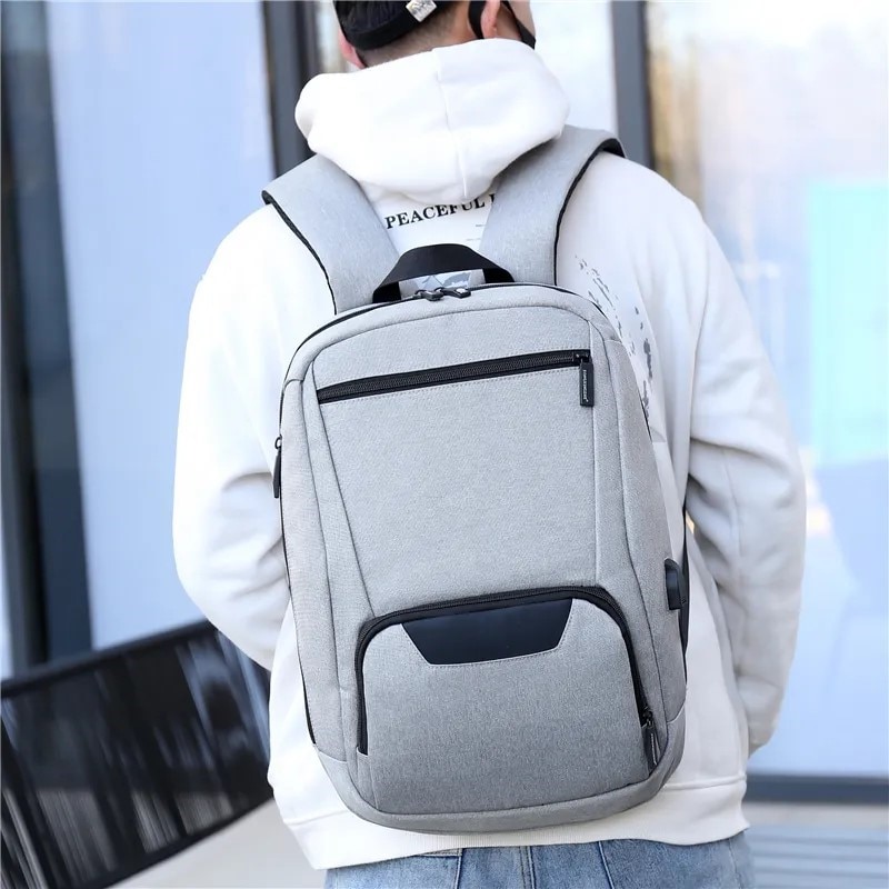 Rucsac laptop 15.6" smart casual impermeabil, cu port USB, Escalate, 46x30x10 cm, Gri deschis