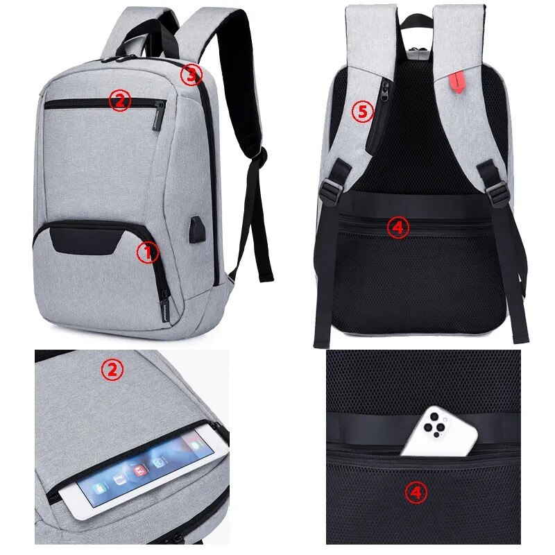Rucsac laptop 15.6" smart casual impermeabil, cu port USB, Escalate, 46x30x10 cm, Gri deschis