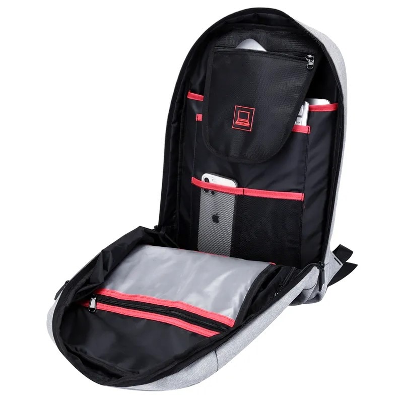 Rucsac laptop 15.6" smart casual impermeabil, cu port USB, Escalate, 46x30x10 cm, Gri deschis