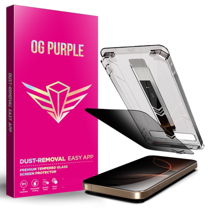 Folie de Protectie Privacy OG Purple compatibila iPhone 17, cu Kit de Aplicare Instanta si Functie Automata de Indepartare a Prafului, Ultra Claritate HD