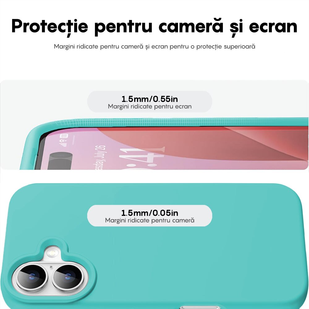 Husa CASEY STUDIOS™ compatibila cu iPhone 16, Soft Silicone Premium, Microfibra in Interior, Turcoaz, de Protectie, Ultra Slim, pentru Incarcare Wireless, Margini Ridicate de Protectia Ecranului si a Camerelor