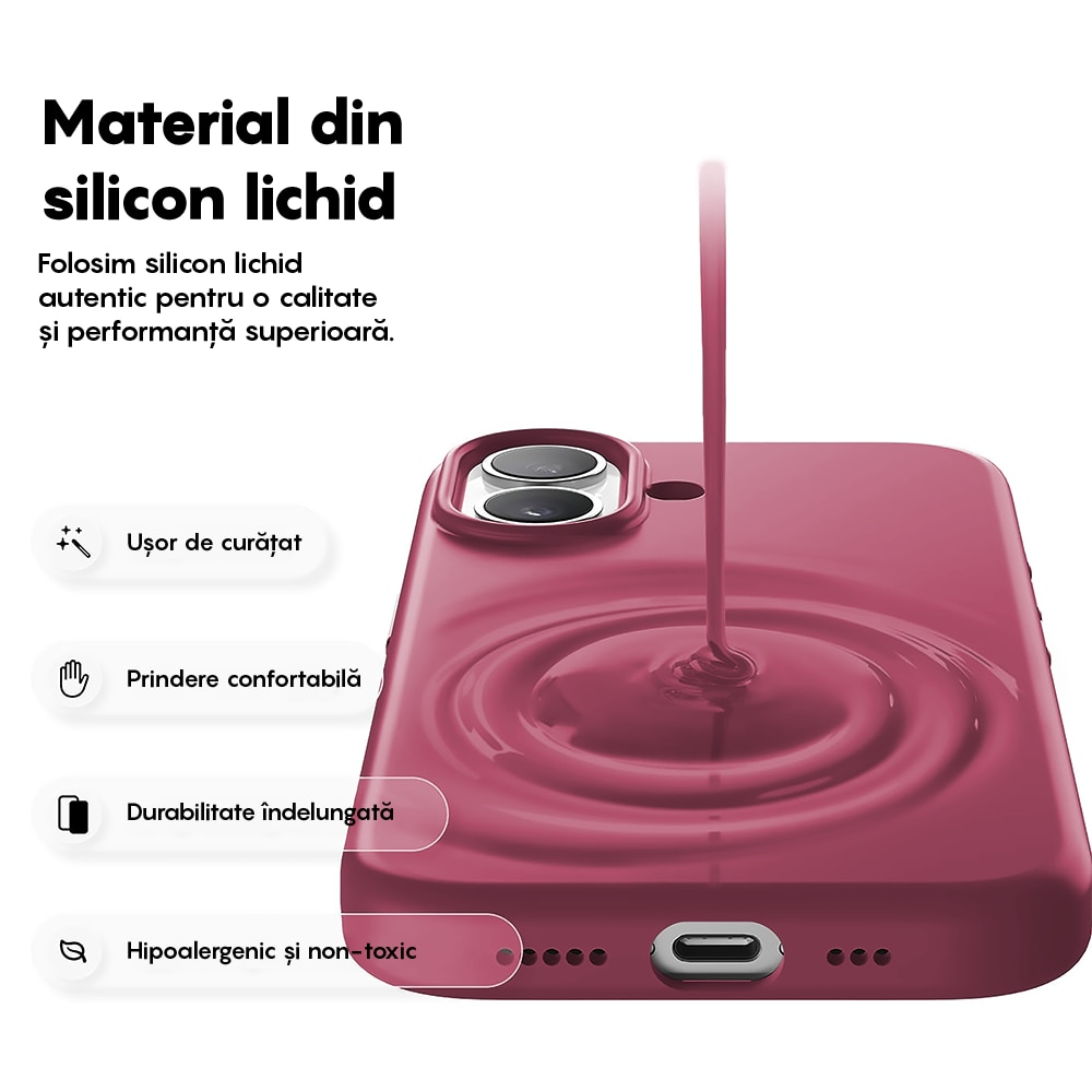 Husa CASEY STUDIOS™ pentru Apple iPhone 17, Soft Silicone Premium, Microfibra in Interior, de Protectie, Ultra Slim, pentru Incarcare Wireless, Margini Ridicate pentru Protectia Ecranului si a Camerelor, Bordeaux