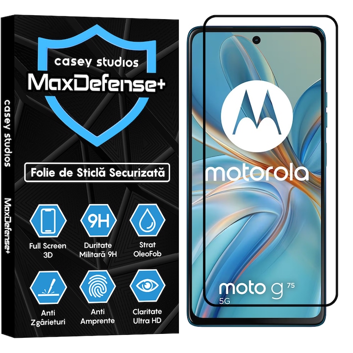 Folie Sticla CASEY STUDIOS™ compatibila cu Motorola Moto G75 5G, Full Cover 3D, Full Glue, Duritate Militara, Ultra HD, Anti Socuri, Anti Zgarieturi, Margini Negre