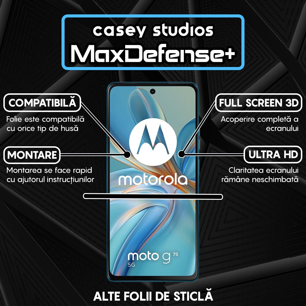 Folie Sticla CASEY STUDIOS™ compatibila cu Motorola Moto G75 5G, Full Cover 3D, Full Glue, Duritate Militara, Ultra HD, Anti Socuri, Anti Zgarieturi, Margini Negre
