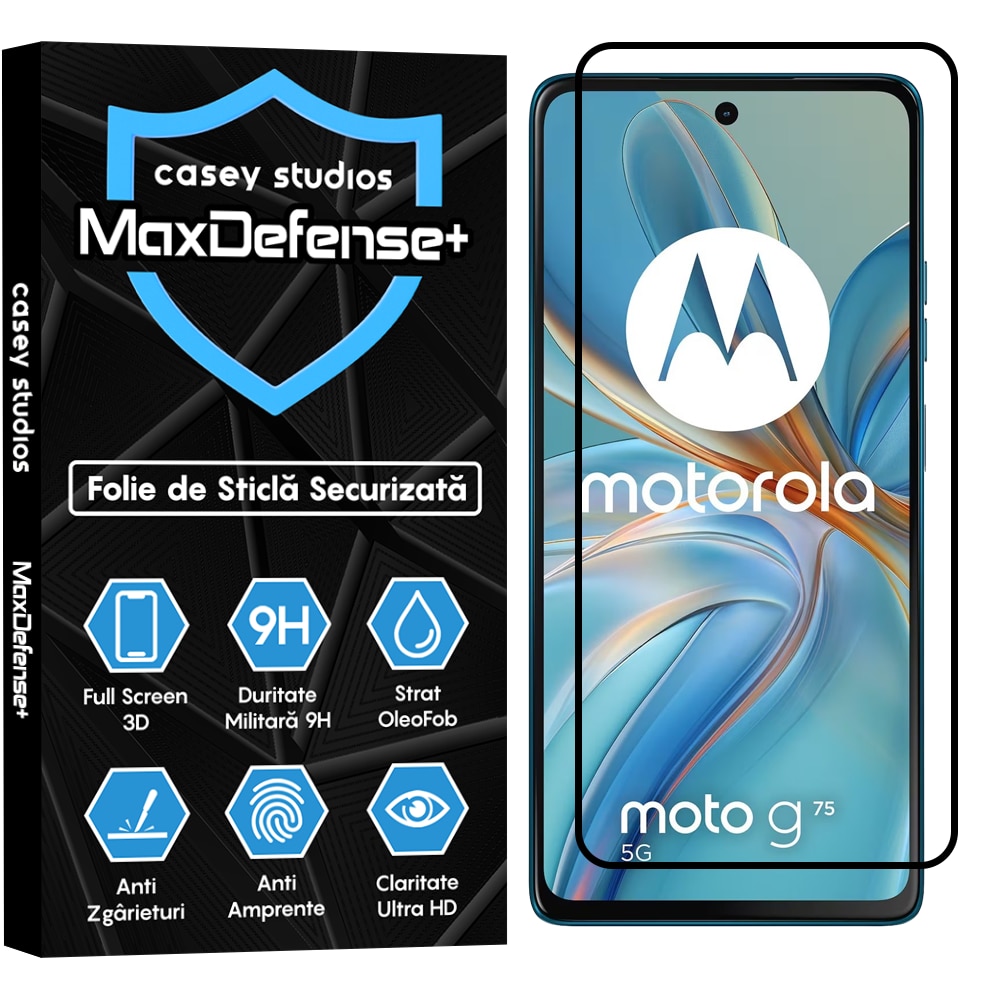 Folie Sticla CASEY STUDIOS™ compatibila cu Motorola Moto G75 5G, Full Cover 3D, Full Glue, Duritate Militara, Ultra HD, Anti Socuri, Anti Zgarieturi, Margini Negre