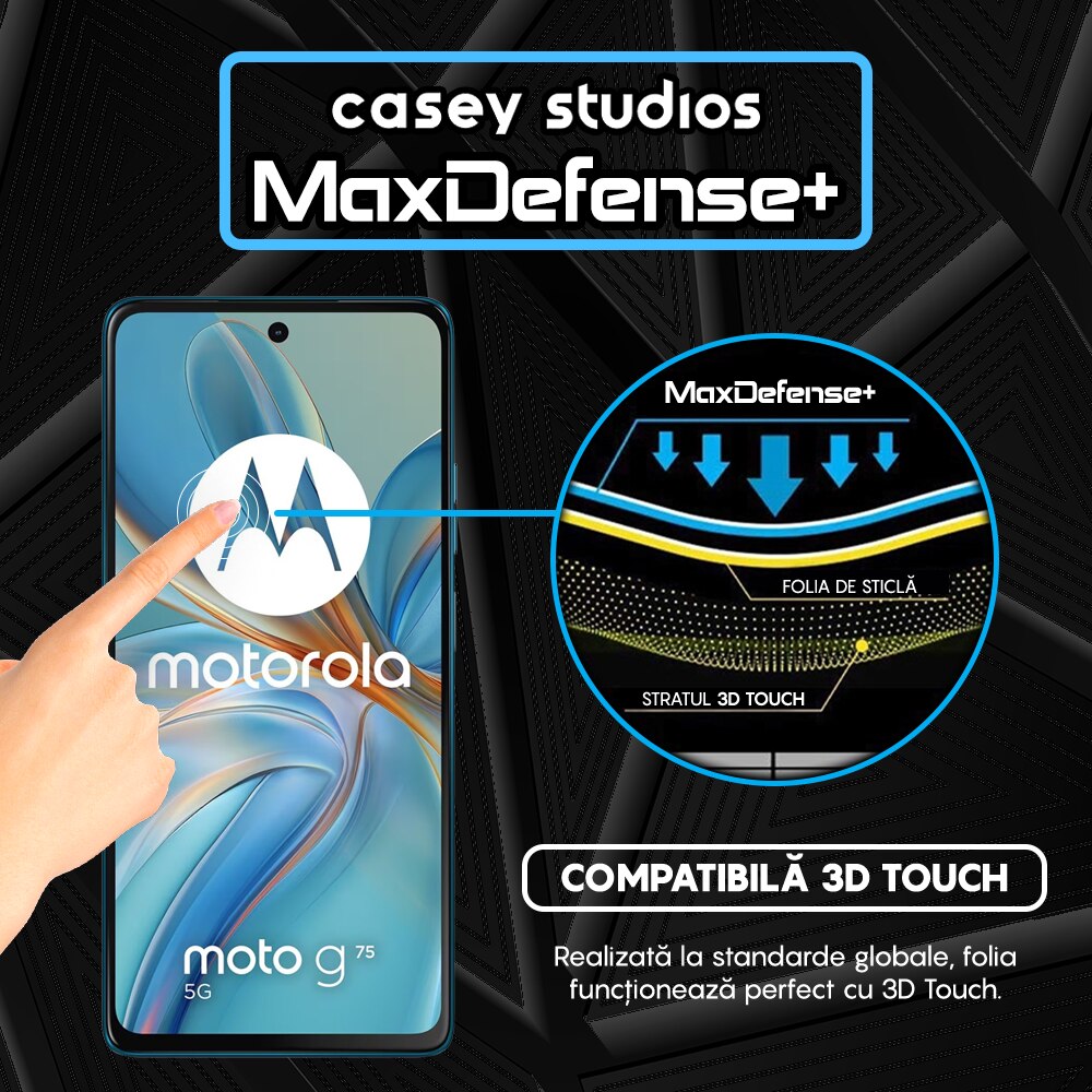 Folie Sticla CASEY STUDIOS™ compatibila cu Motorola Moto G75 5G, Full Cover 3D, Full Glue, Duritate Militara, Ultra HD, Anti Socuri, Anti Zgarieturi, Margini Negre