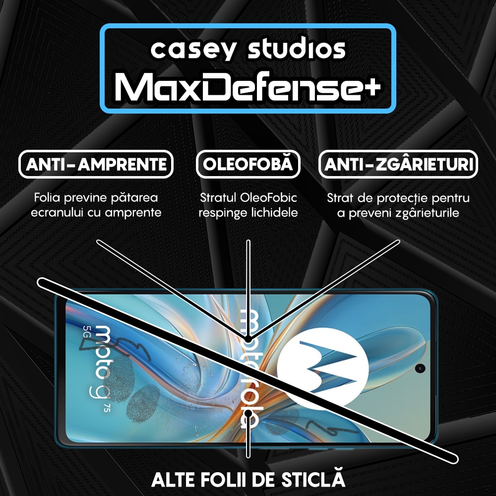 Folie Sticla CASEY STUDIOS™ compatibila cu Motorola Moto G75 5G, Full Cover 3D, Full Glue, Duritate Militara, Ultra HD, Anti Socuri, Anti Zgarieturi, Margini Negre