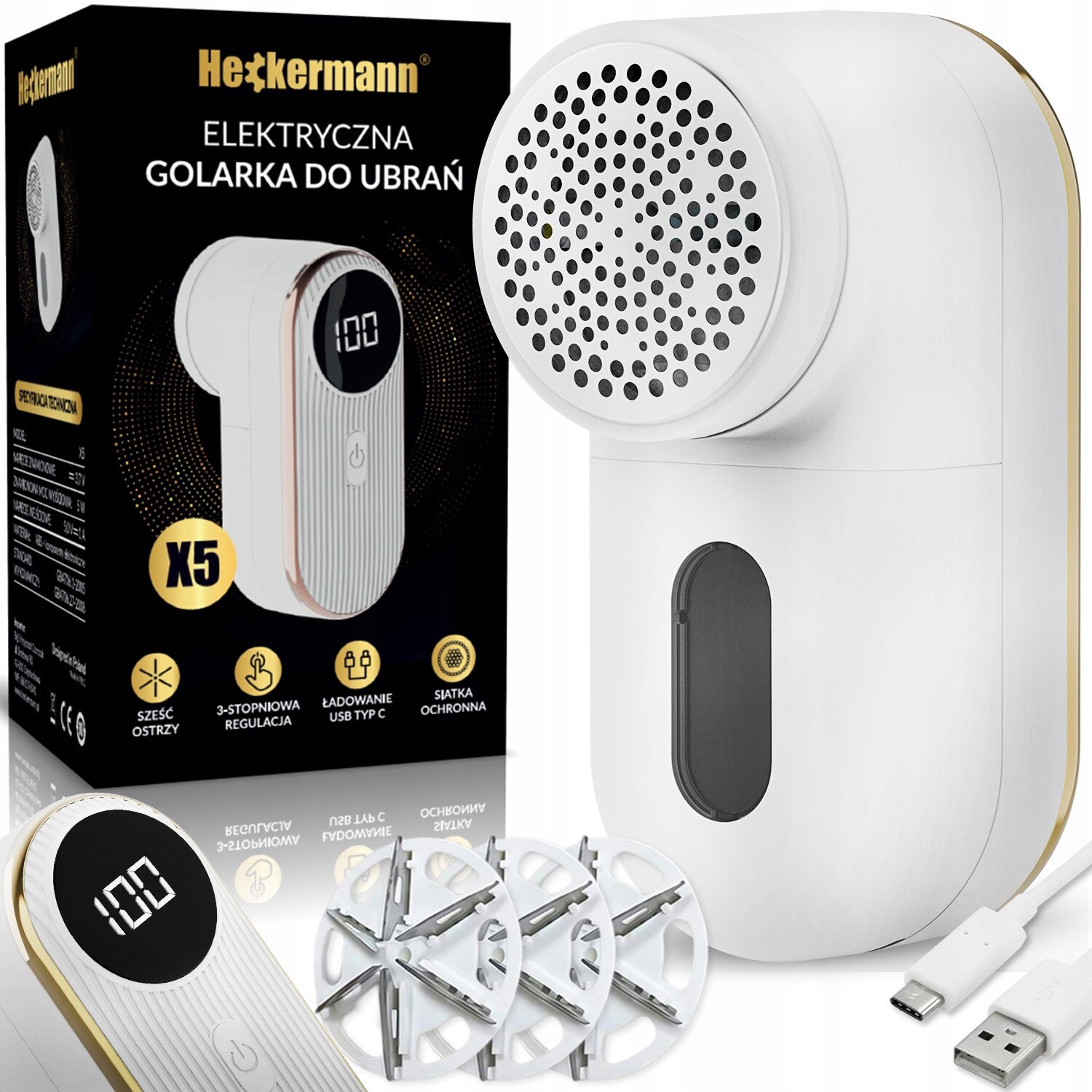 Aparat de scame pentru haine Heckermann X5, 6 lame, alb, USB-C