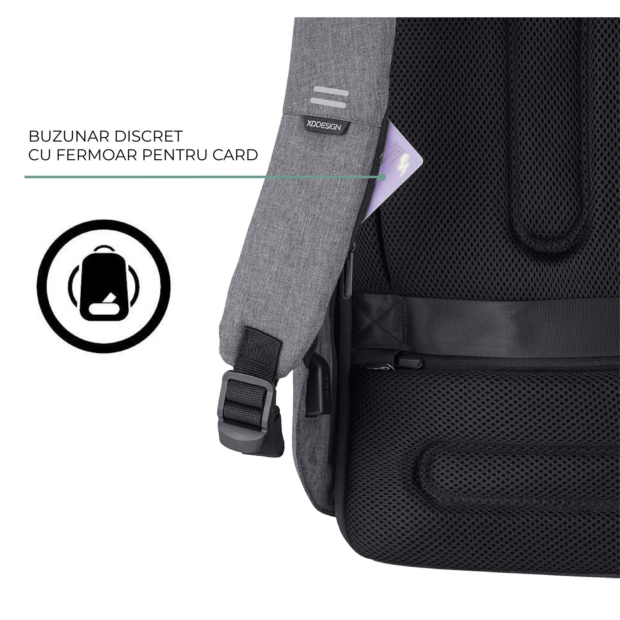 Rucsac Bobby Hero large, XD, antifurt, compartimente laptop 17" si tableta 12.9", materiale sustenabile, protectie impotriva taierii, rezistent la apa, 20l, gri, bandana Empath inclusa