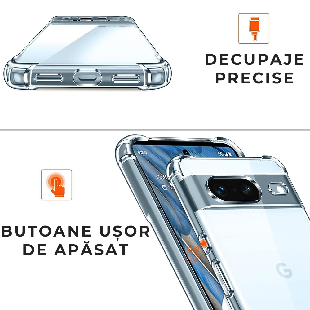 Husa pentru Google Pixel 8a Daden® Clear Silicone, Protectie Camera, Antisoc, Transparenta