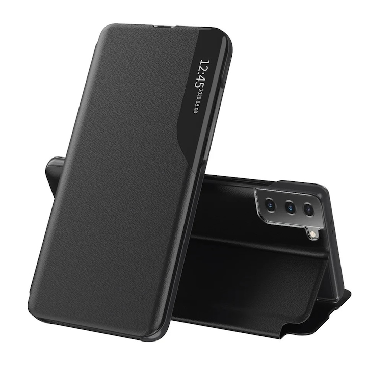 Husa pentru Samsung Galaxy S21 5G, SKYDDAR INNOVATION, eFold, tip carte, set cu sticker, Negru