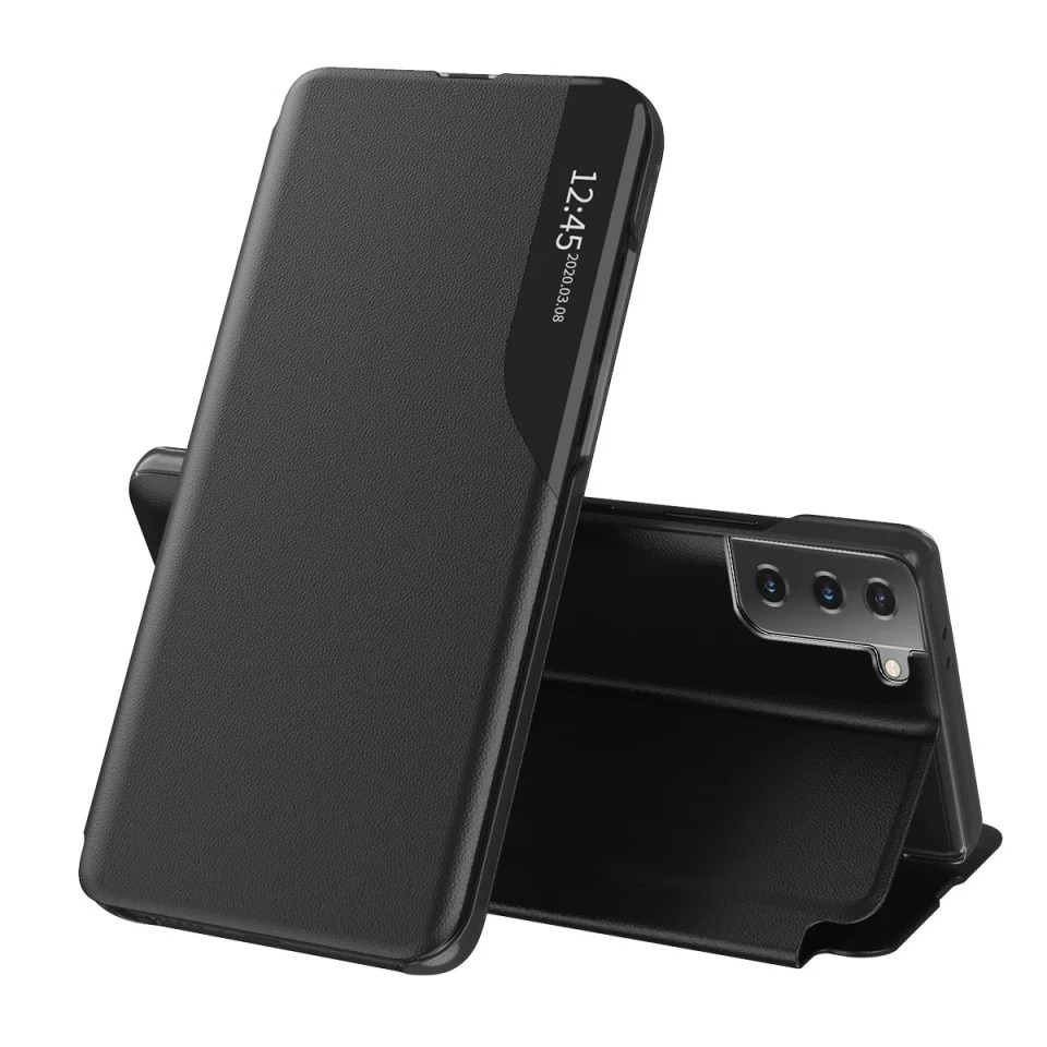 Husa pentru Samsung Galaxy S21 5G, SKYDDAR INNOVATION, eFold, tip carte, set cu sticker, Negru