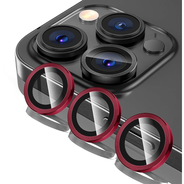 Folie Protectie Lentile Camera compatibila cu iPhone 14 Pro / iPhone 14 Pro Max, CASEY STUDIOS™ MaxDefense+, Ultra HD, Anti Amprente, Anti Zgarieturi, Anti Socuri, Rosu