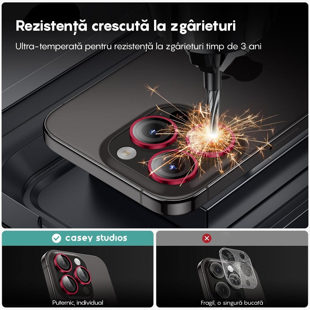 Folie Protectie Lentile Camera compatibila cu iPhone 14 Pro / iPhone 14 Pro Max, CASEY STUDIOS™ MaxDefense+, Ultra HD, Anti Amprente, Anti Zgarieturi, Anti Socuri, Rosu