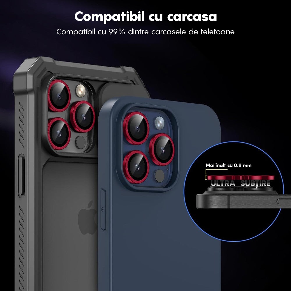 Folie Protectie Lentile Camera compatibila cu iPhone 14 Pro / iPhone 14 Pro Max, CASEY STUDIOS™ MaxDefense+, Ultra HD, Anti Amprente, Anti Zgarieturi, Anti Socuri, Rosu