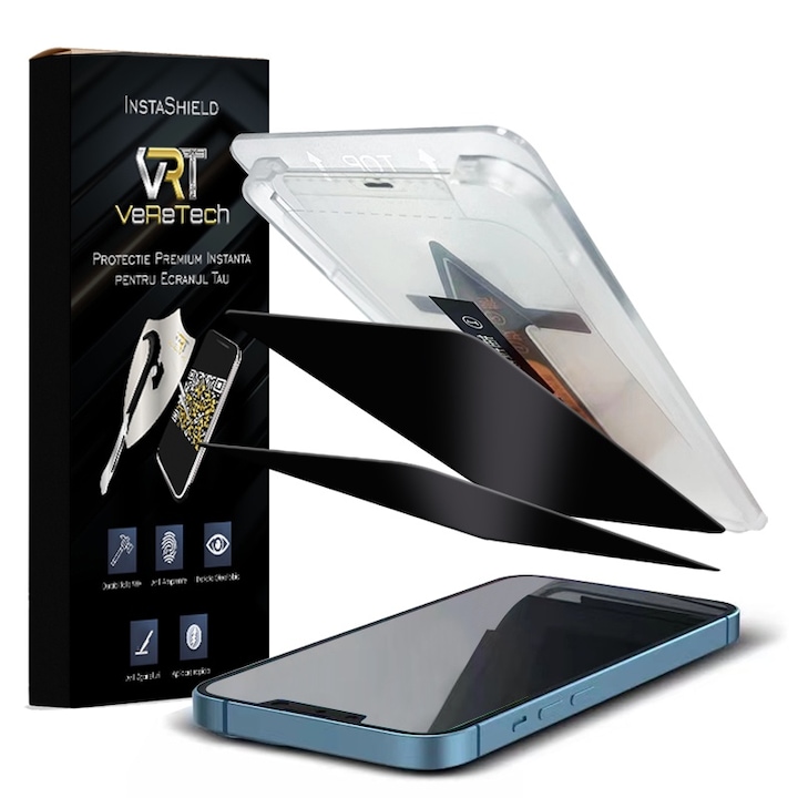 Folie de Protectie Privacy InstaShield by VeReTech pentru iPhone 15 Pro, cu Kit de Aplicare Instanta si Functie Automata de Indepartare a Prafului, din Sticla Securizata 9H+, Ultra Claritate Super HD, Tratament Electronic Oleofobic si Anti Amprente