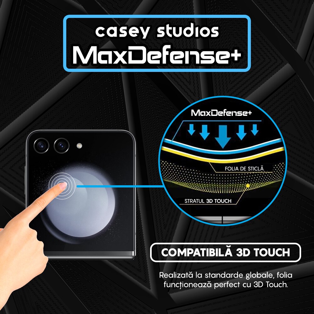Folie Sticla CASEY STUDIOS™ compatibila cu Samsung Galaxy Z Flip5, Full Cover 3D, Full Glue, Duritate Militara, Ultra HD, Anti Zgarieturi, Anti Amprente, Anti Socuri, Margini Negre