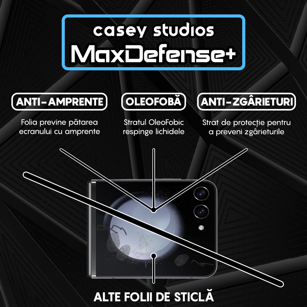 Folie Sticla CASEY STUDIOS™ compatibila cu Samsung Galaxy Z Flip5, Full Cover 3D, Full Glue, Duritate Militara, Ultra HD, Anti Zgarieturi, Anti Amprente, Anti Socuri, Margini Negre