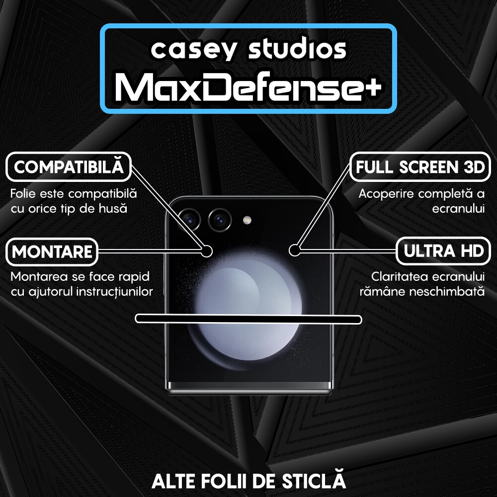 Folie Sticla CASEY STUDIOS™ compatibila cu Samsung Galaxy Z Flip5, Full Cover 3D, Full Glue, Duritate Militara, Ultra HD, Anti Zgarieturi, Anti Amprente, Anti Socuri, Margini Negre