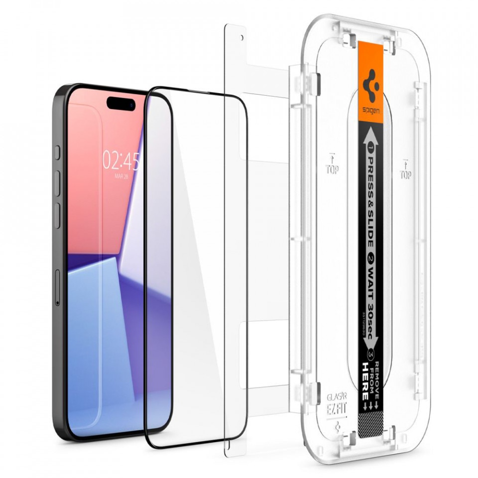 Folie Spigen Sticla Glass tR EZ Fit compatibila cu iPhone 15 Pro Max set 2 buc, kit de montare, Black