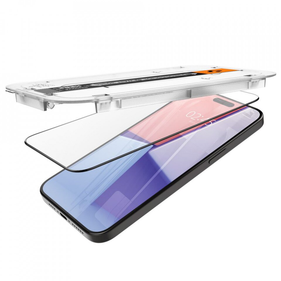 Folie Spigen Sticla Glass tR EZ Fit compatibila cu iPhone 15 Pro Max set 2 buc, kit de montare, Black