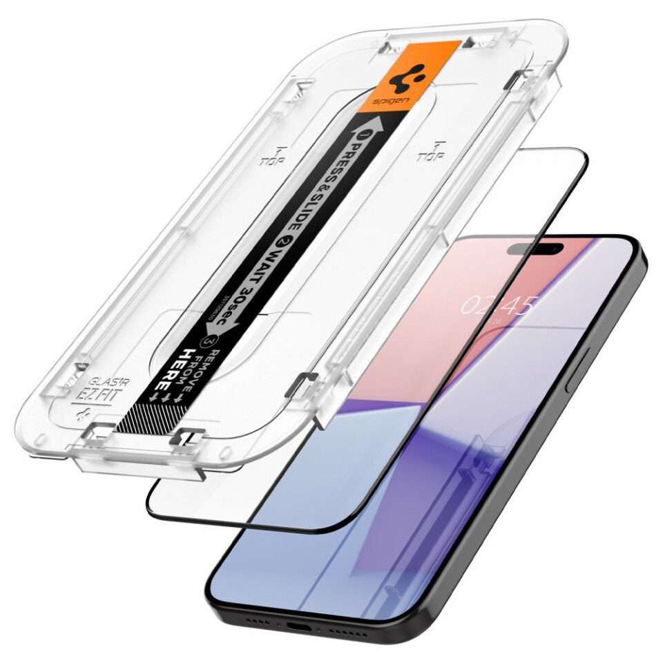 Folie Spigen Sticla Glass tR EZ Fit compatibila cu iPhone 15 Pro Max set 2 buc, kit de montare, Black