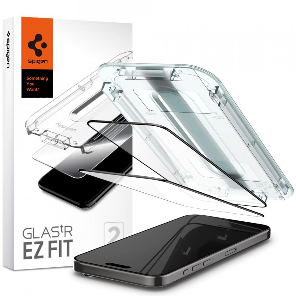 Folie Spigen Sticla Glass tR EZ Fit compatibila cu iPhone 15 Pro Max set 2 buc, kit de montare, Black