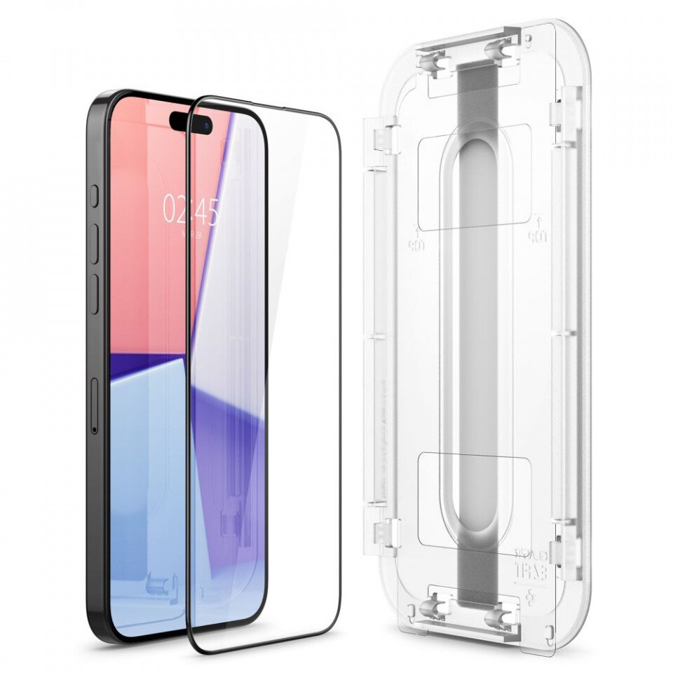 Folie Spigen Sticla Glass tR EZ Fit compatibila cu iPhone 15 Pro Max set 2 buc, kit de montare, Black
