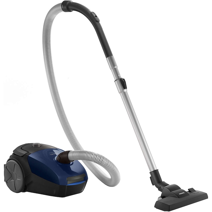 Aspirator cu sac Philips, Tehnologie PowerGo, Putere 900W, Aspirare 99,9 % a prafului, Nivel de zgomot 77 dB, Anti-alergeni, 3 l, Accesoriu pentru spatii inguste, Negru/Albastru