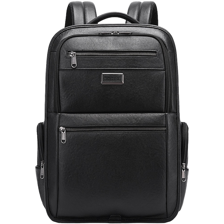 Rucsac aparat foto, compartiment laptop 15.6 inch, din piele naturala, sistem fixare pe valiza, rezistent la stropi de apa, BANGE, BG6626BK, Negru
