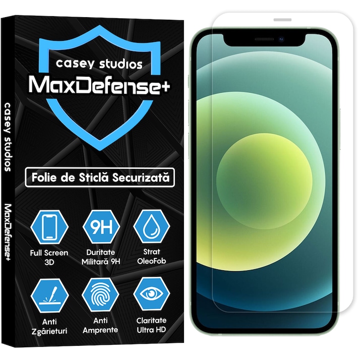 Folie Sticla CASEY STUDIOS™ compatibila cu iPhone 12 Mini, MaxDefense+ Classic, Full Cover 3D, Full Glue, Sticla Securizata, Duritate Militara, Ultra HD, Protectie Profesionala Ecran 3D, Anti Zgarieturi, Anti Socuri, Negru