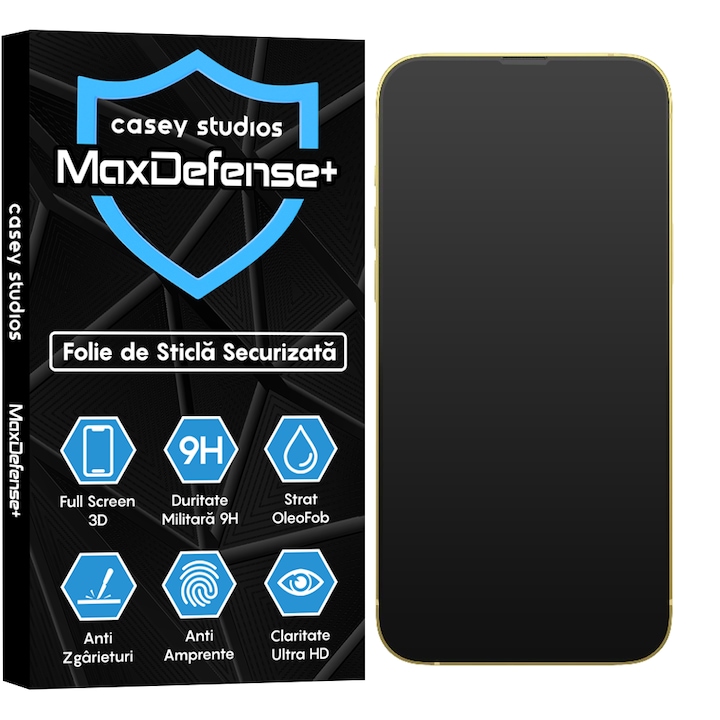 Folie Sticla Mata CASEY STUDIOS™ compatibila cu iPhone 14 Plus, MaxDefense+ Matte, Full Cover 3D, Full Glue, Sticla Securizata, Duritate Militara, Ultra HD, Protectie Profesionala Ecran 3D, Anti Zgarieturi, Anti Socuri, Negru